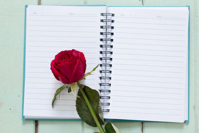 High angle view of rose and notebook on table