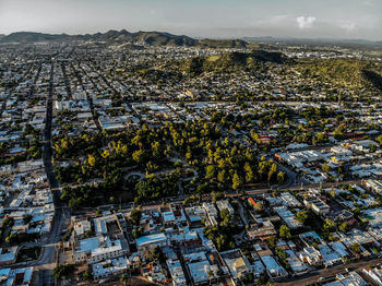 High angle shot of townscape against sky