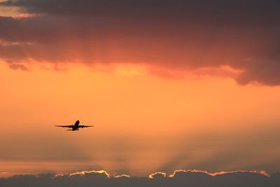 Low angle view of silhouette airplane flying during sunset