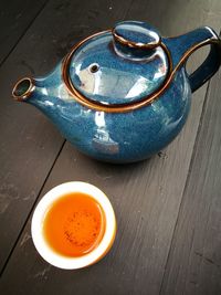 High angle view of tea cup on table