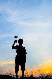 Silhouette boy with trophy standing against sky