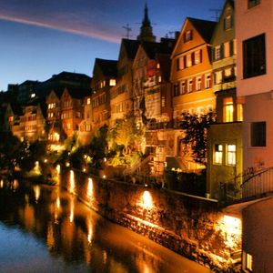 Illuminated buildings in city at night