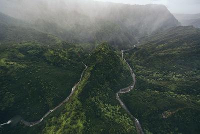 High angle view of landscape, helicopter view, two water streams kauai, hawaii