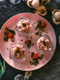 High angle view of food in plate on table