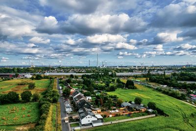 High angle view of buildings against sky