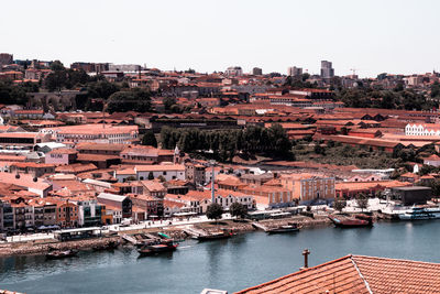 High angle view of river amidst buildings in city