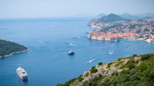 High angle view of boats in sea