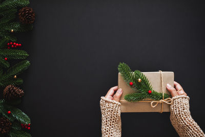 Woman holding christmas tree in box