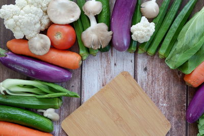 High angle view of chopped vegetables on cutting board