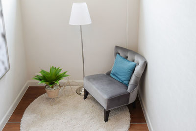 Potted plant on table against wall at home