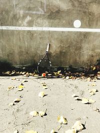 High angle view of racket with ball on field against wall