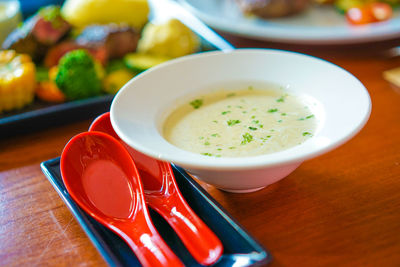 Close-up of soup in bowl on table