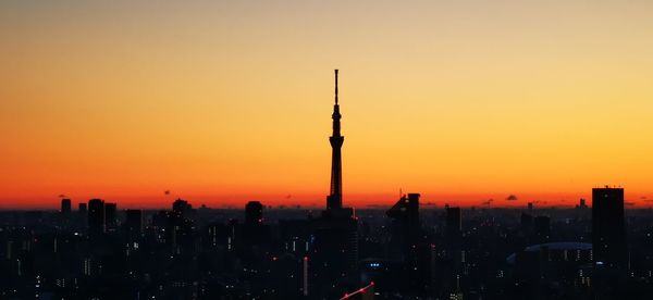 Aerial view of buildings in city during sunset