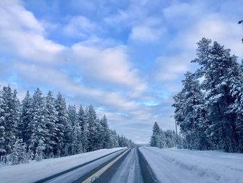 Road amidst snow covered trees against sky