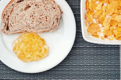 High angle view of breakfast served on table