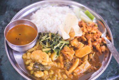 High angle view of food served in plate