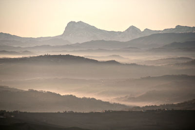 Scenic view of mountains against sky during sunset