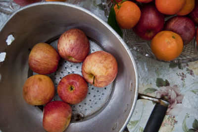 Directly above shot of apples in colander on table