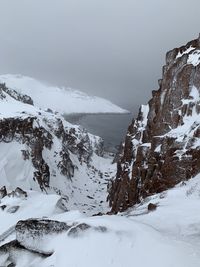 Scenic view of snow covered mountains against sky