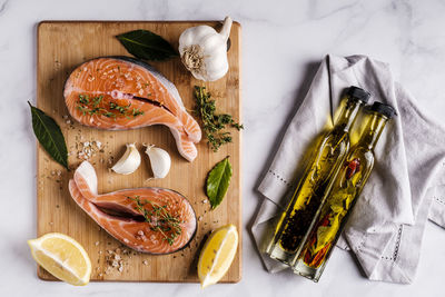 High angle view of fish on table