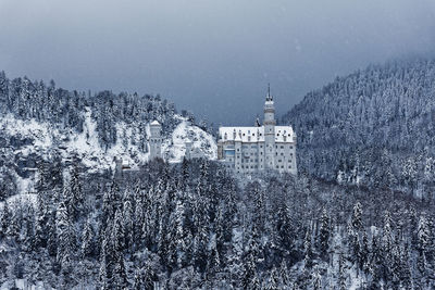 Buildings amidst snow covered trees against sky