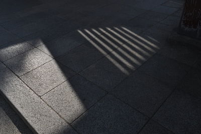 High angle view of shadow on tiled floor