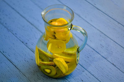 High angle view of drink in jar on table