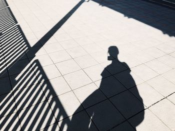 Shadow of person on footpath during sunny day