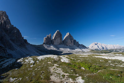 Panoramic view of mountains against clear blue sky