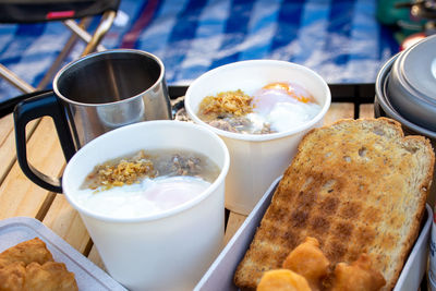 Close-up of breakfast served on table