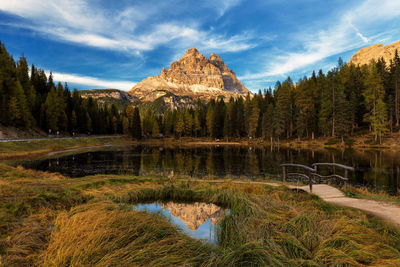 Scenic view of lake by mountains against sky