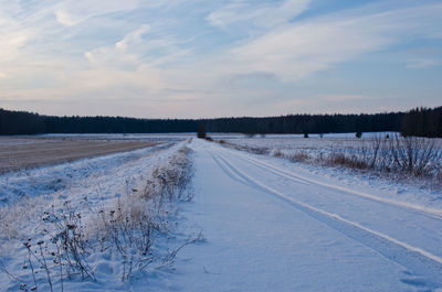 Snow covered road passing through forest