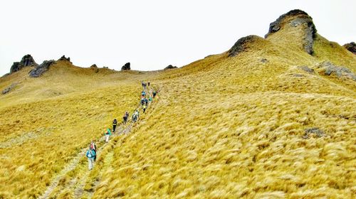 People hiking on mountain against sky