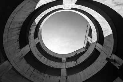 Low angle view of spiral building against sky