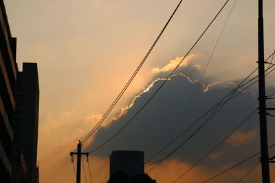 Low angle view of power lines against cloudy sky