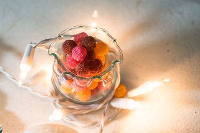 High angle view of dessert in glass container on table