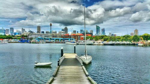 River in city against cloudy sky