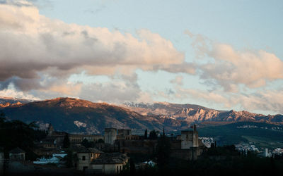 High angle shot of townscape against sky