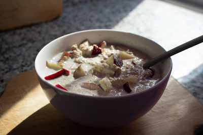 High angle view of breakfast in bowl on table