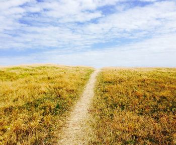 Footpath amidst field against sky