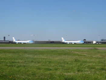 Airplane flying over grassy field against sky