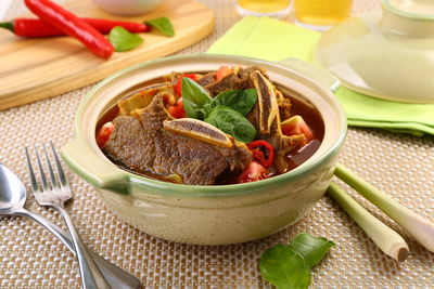 High angle view of food in bowl on table