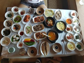 High angle view of meal, hanjeongsik, korean traditional meal, served on table