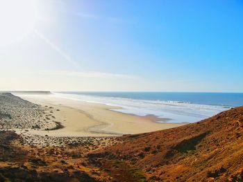 Scenic view of beach against clear blue sky