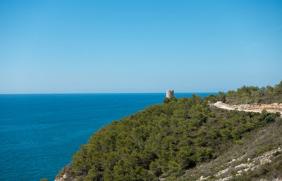 Scenic view of sea against clear blue sky