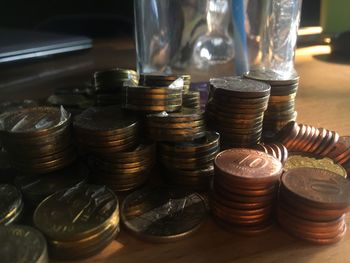 Close-up of coins on table