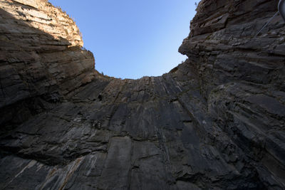 Low angle view of rock formation against clear sky