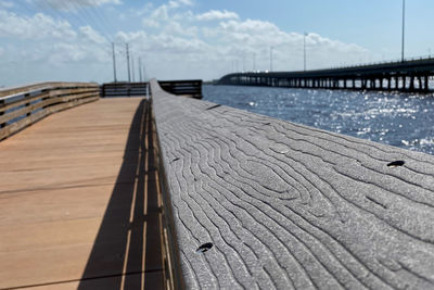 Surface level of pier on bridge against sky