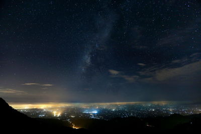 Aerial view of illuminated city against sky at night