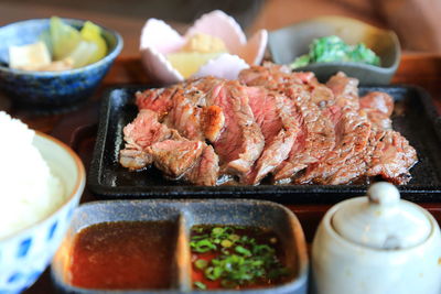 Close-up of food served on restaurant table